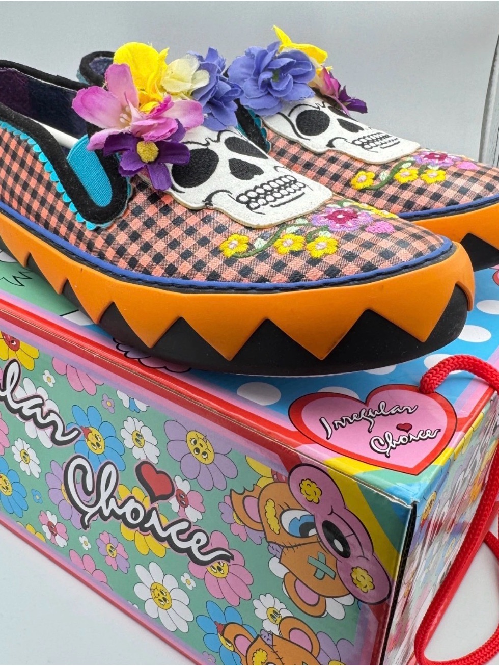 Irregular Choice Woman Black, Orange & Pink Floral Skull Slip-Ons